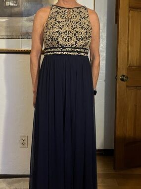 R&M Richards Navy and Gold Embroidered Halter Maxi Dress